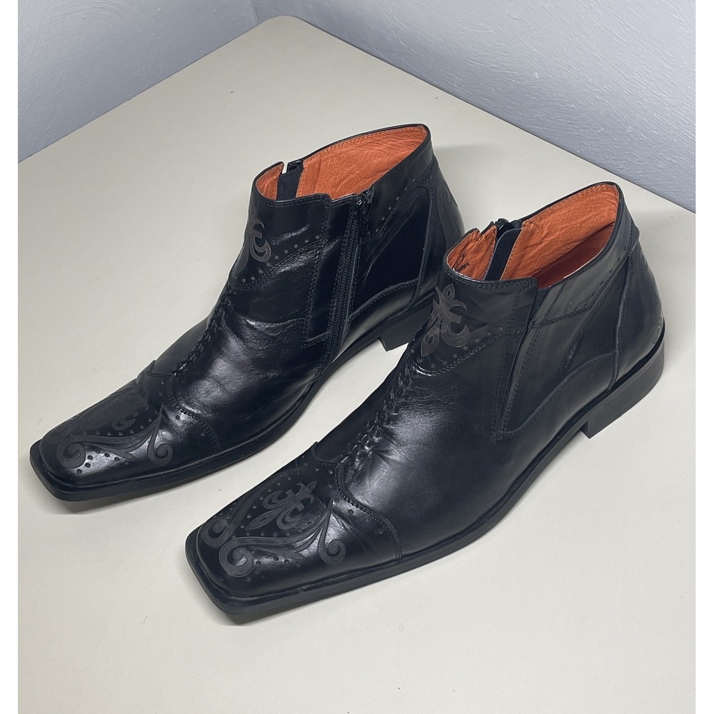Robert Wayne Durango Ankle Boots Black Cross Square Toe Side Zipper Men 7